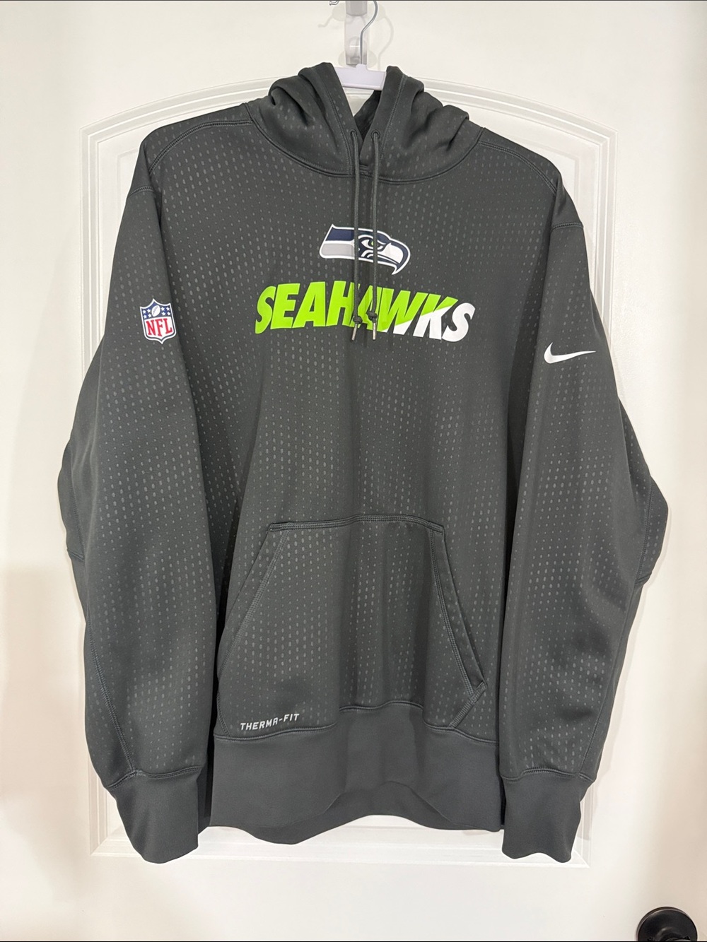 Nike Seahawks Gray Therma-FIT Zip-Up Hoodie with Neon Green Logo